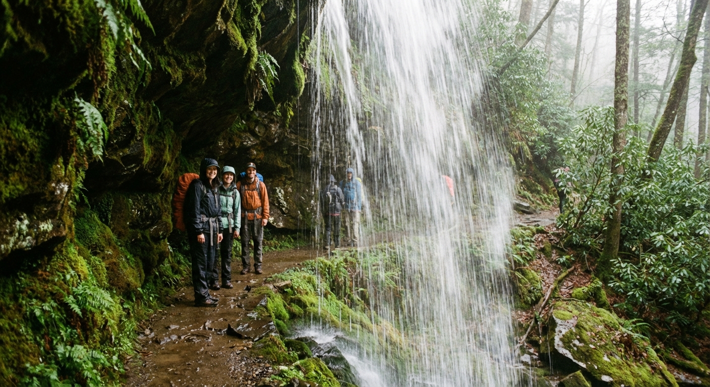 A real photograph of hikers passing behind a curtain of water at Grotto Falls, with mossy rocks, wet trail, and dense forest surrounding the waterfall