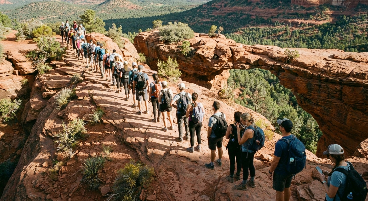A real photograph of hikers queued on a rocky section near Devils Bridge in Sedona, standing single-file with red sandstone and desert shrubs around them