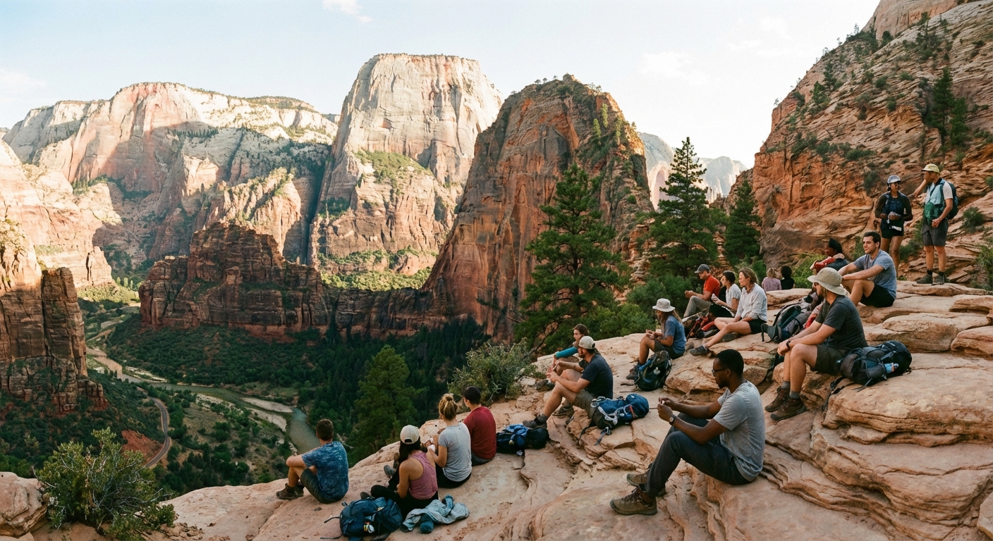A real photograph of hikers resting at Scout Lookout in Zion National Park with expansive canyon views and sandstone cliffs in the background