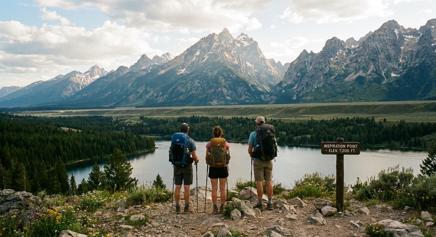 A real photograph of hikers standing at Inspiration Point in Grand Teton National Park looking out over the lake and forested valley with the Tetons beyond