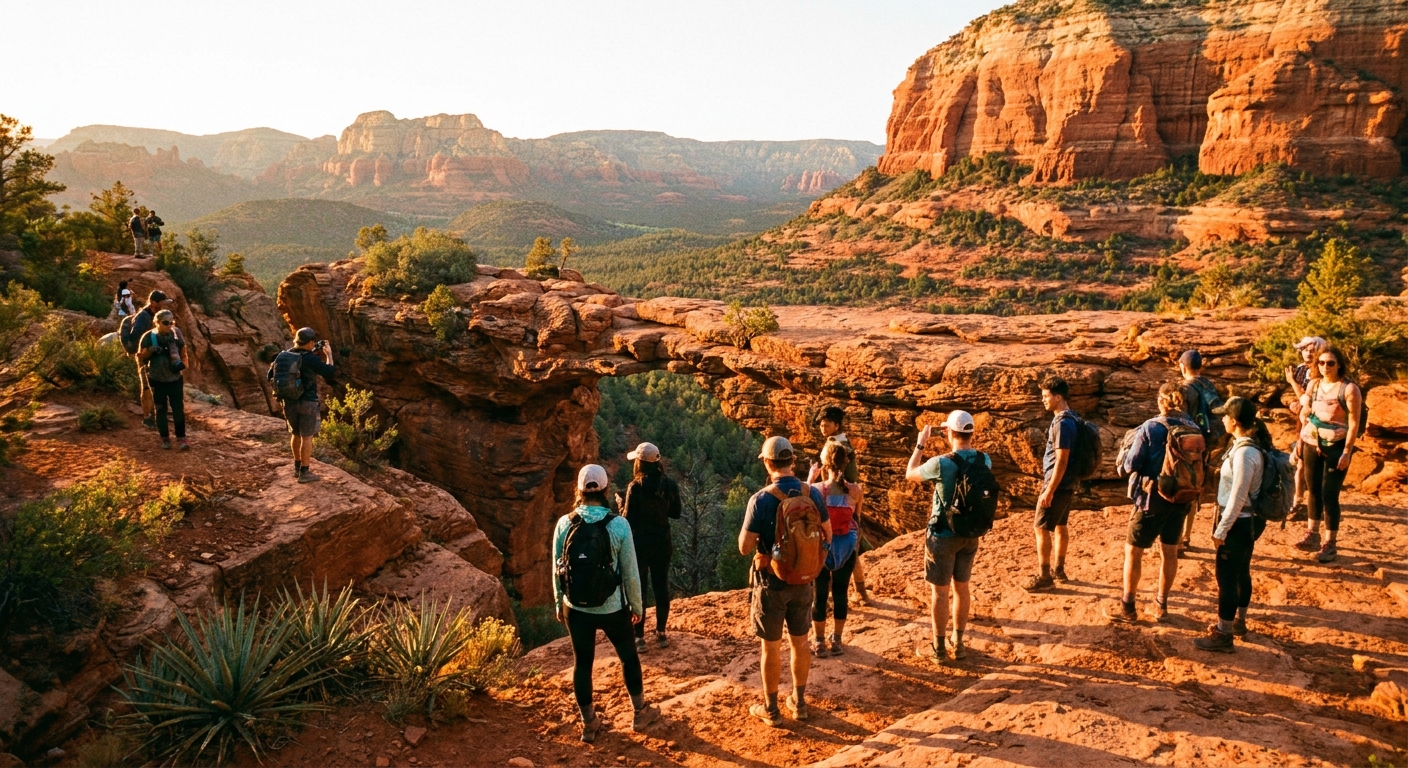A real photograph of hikers standing near the Devils Bridge viewpoint in Sedona during golden hour, with warm sunset light on red rock formations and long shadows
