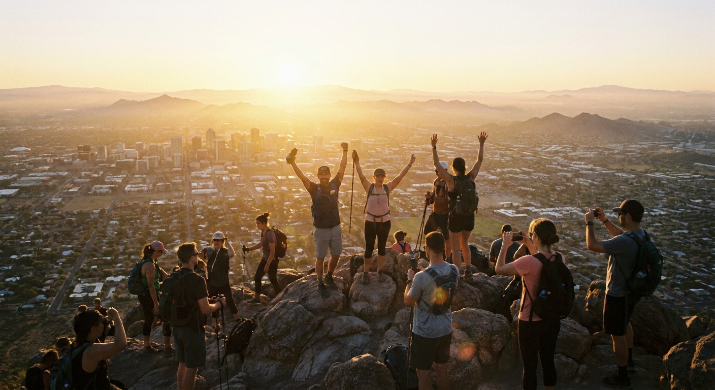 A real photograph of hikers standing on Camelback Mountain summit at sunrise, with downtown Phoenix and desert mountains fading into golden light