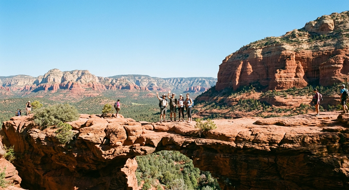 A real photograph of hikers standing on Devils Bridge in Sedona, Arizona, with red sandstone cliffs and a clear blue sky in the background