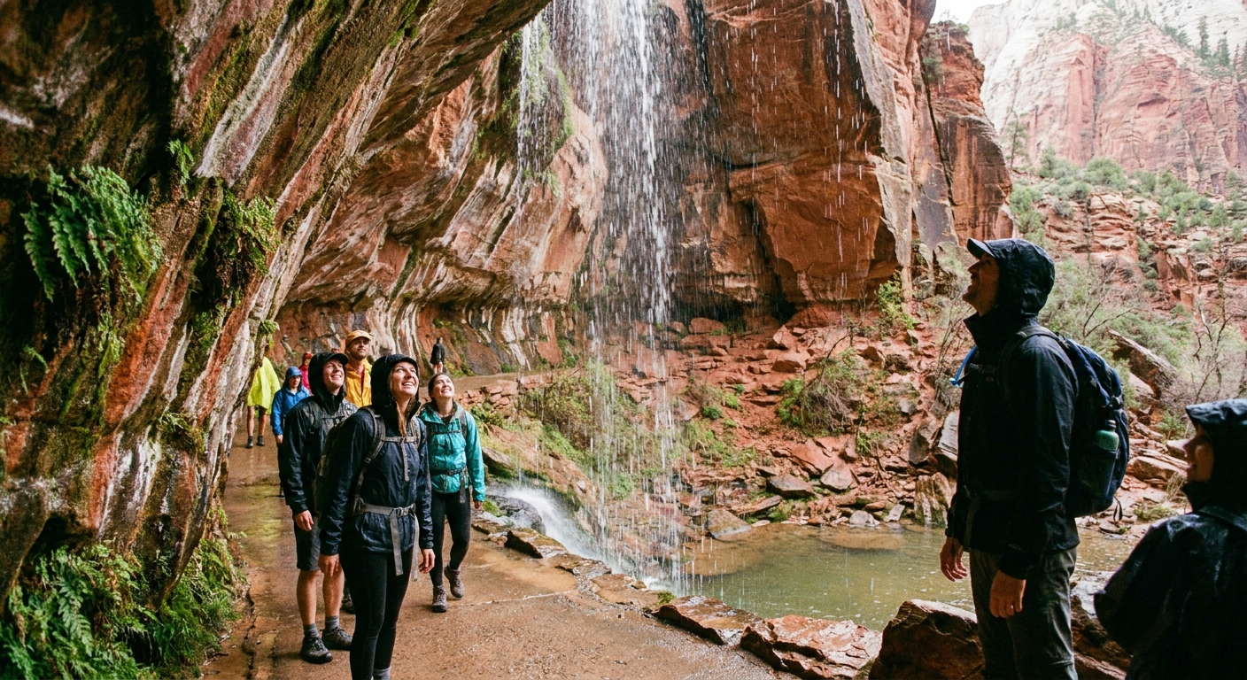 A real photograph of hikers standing on a paved trail beneath a shallow waterfall dripping from a sandstone overhang at Lower Emerald Pool in Zion National Park