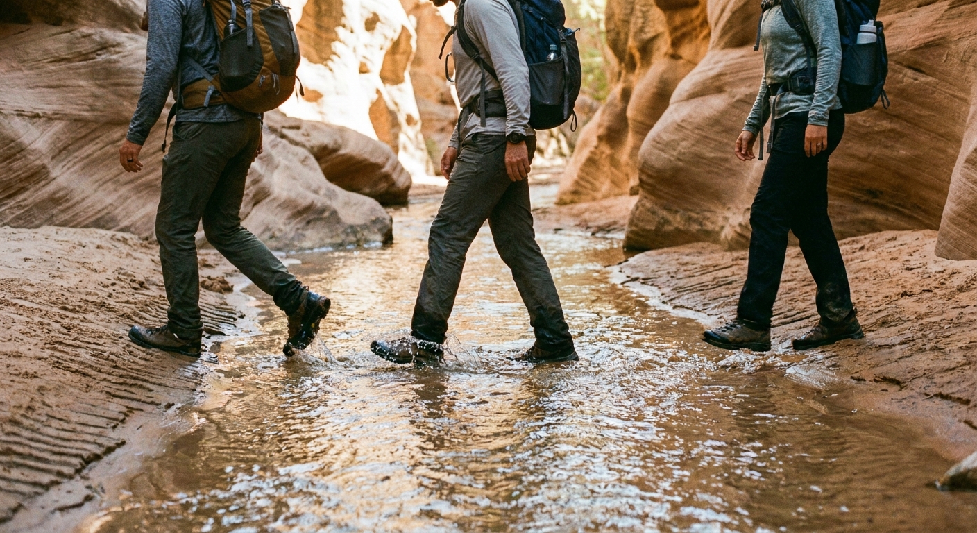 A real photograph of hikers stepping across shallow flowing water in Willis Creek Slot Canyon, with rippled sand and rounded canyon walls framing the path