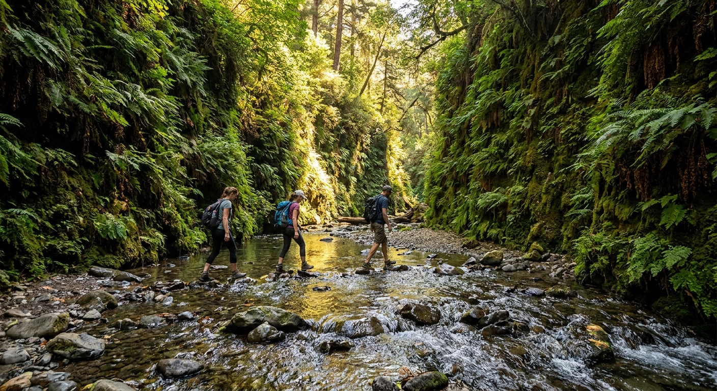 A real photograph of hikers stepping across shallow creek water in Fern Canyon, with tall fern-covered canyon walls rising on both sides and dappled light filtering in