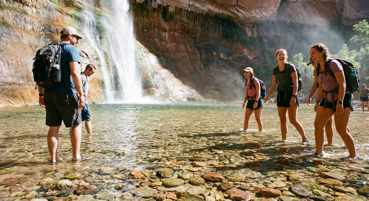 A real photograph of hikers wading near the shallow edge of the Lower Calf Creek Falls pool, with clear water over smooth stones and the waterfall mist in the background