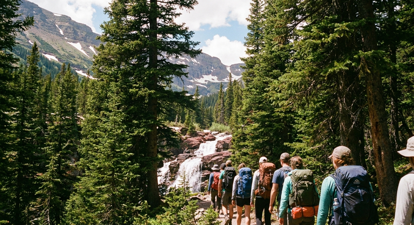 A real photograph of hikers walking a forested trail toward Redrock Falls in Many Glacier, with tall evergreens and distant mountain slopes