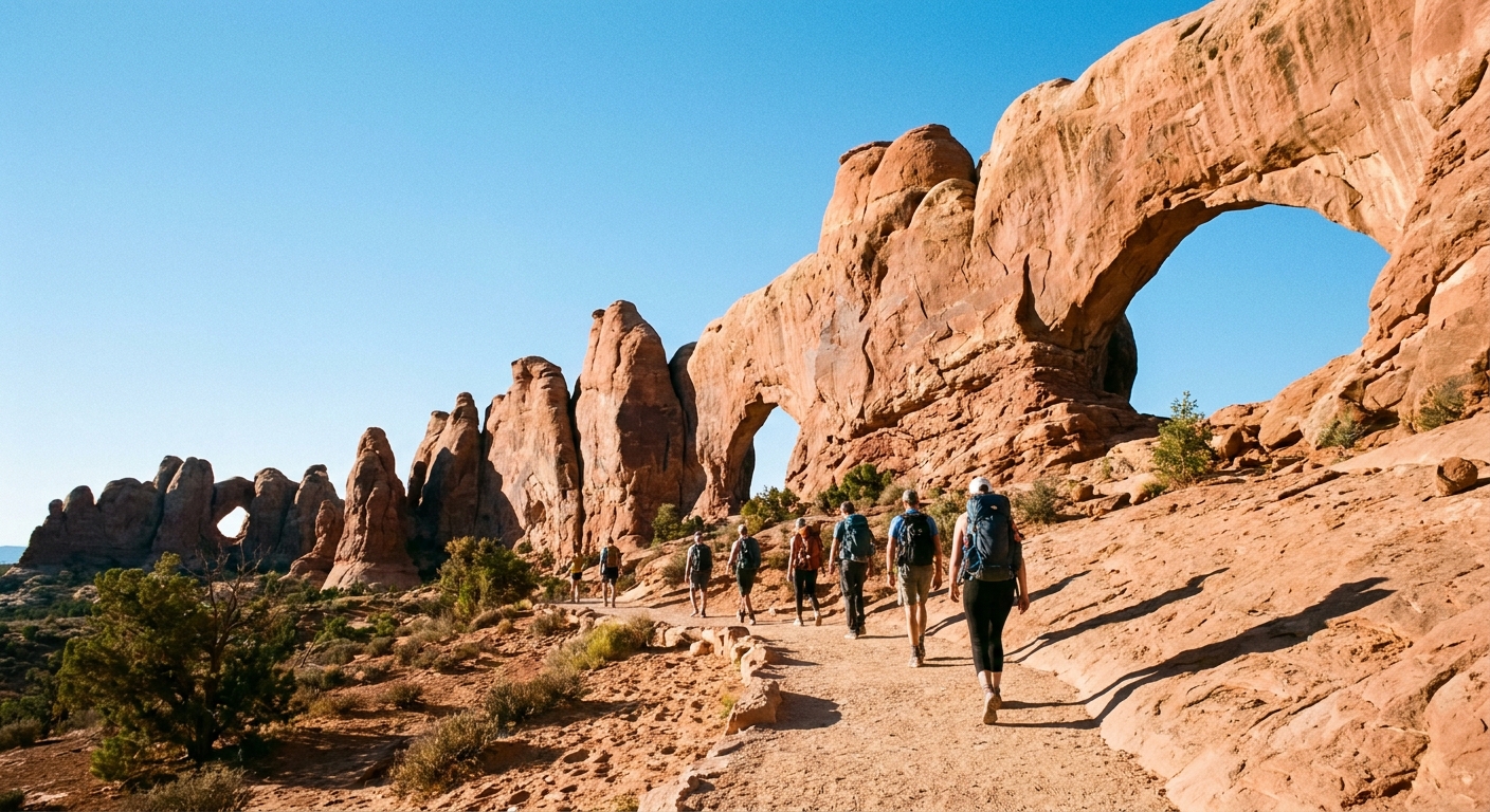 A real photograph of hikers walking a sandy trail toward the North and South Window arches with red sandstone fins under a clear sky