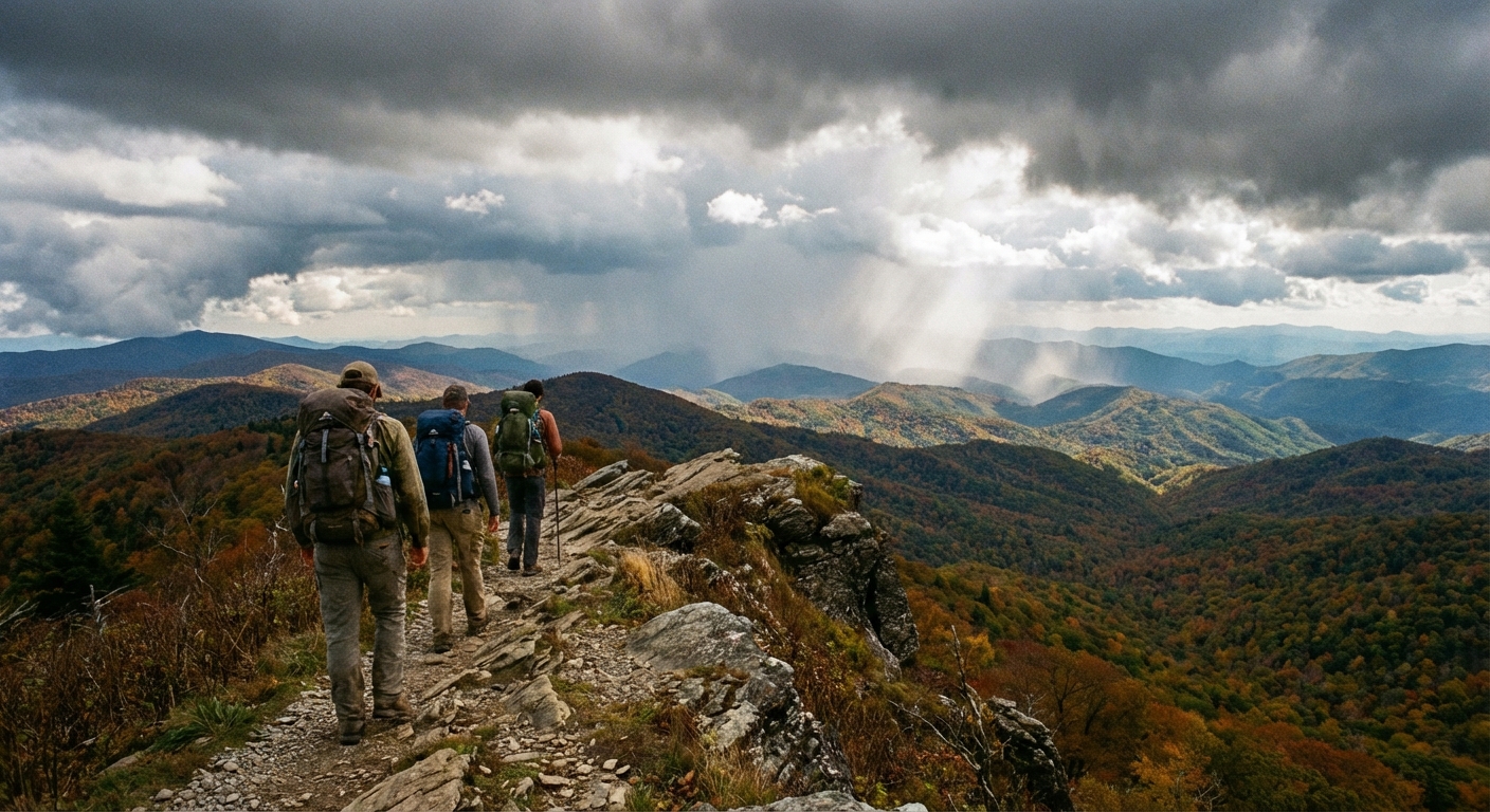 A real photograph of hikers walking along a narrow ridgeline section of the Art Loeb Trail near Black Balsam, with dramatic clouds and long mountain views in the background