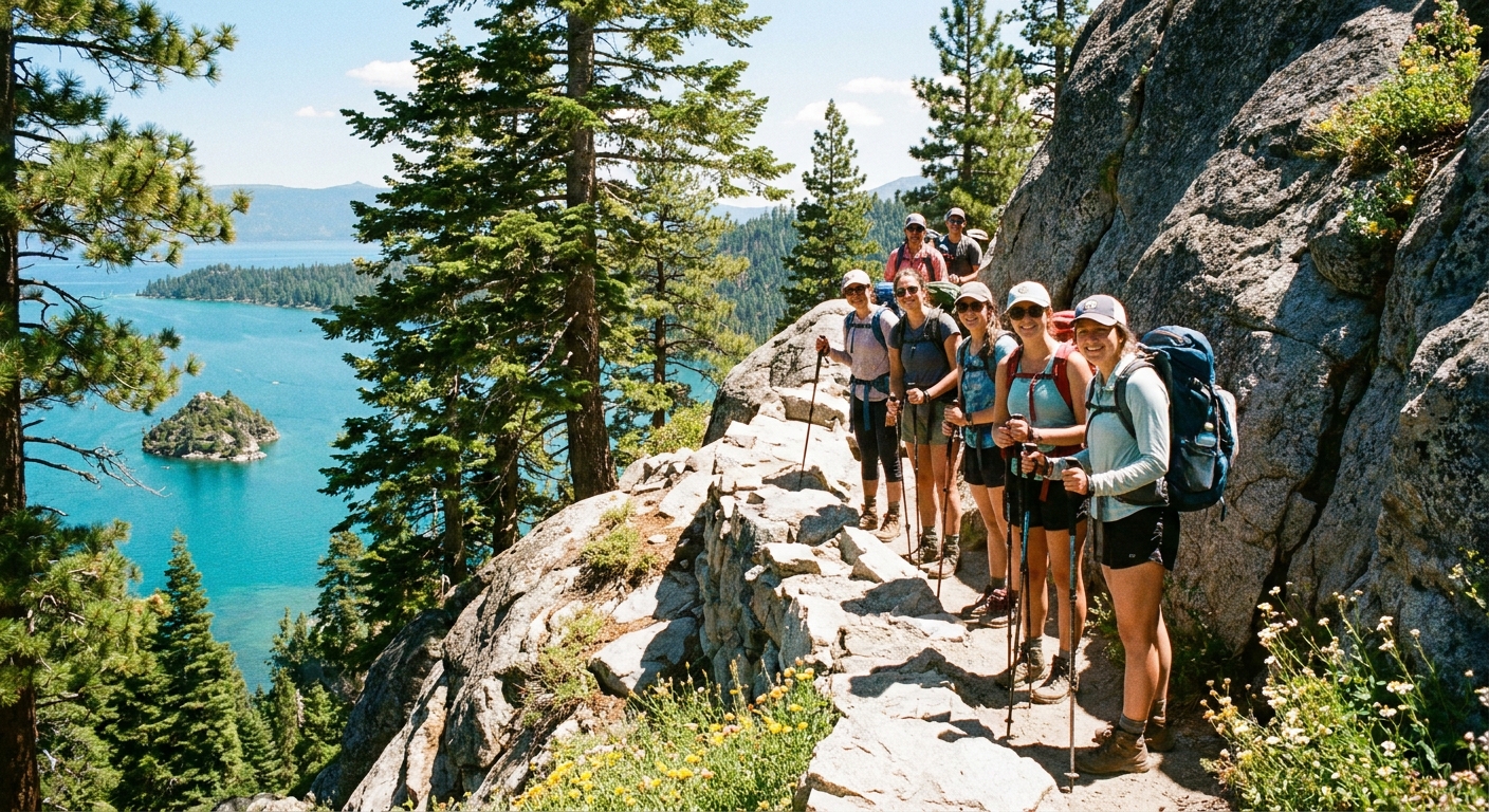 A real photograph of hikers walking along the Rubicon Trail above the turquoise water in Emerald Bay State Park, Lake Tahoe, with granite cliffs and pine trees in bright summer light