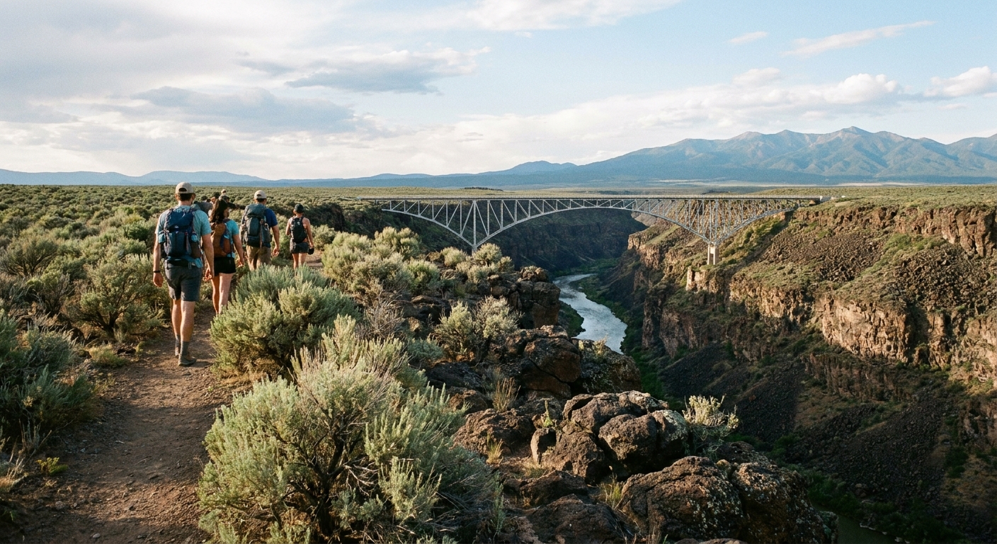 A real photograph of hikers walking along the West Rim Trail near the Rio Grande Gorge Bridge by Taos, New Mexico, with sagebrush, volcanic rock, and expansive canyon views