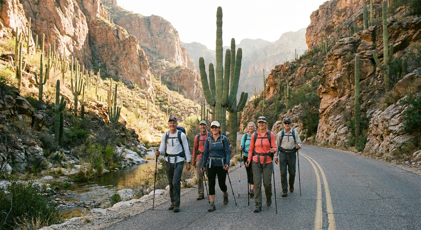 A real photograph of hikers walking along the paved Sabino Canyon Road in the early morning, with saguaro cacti and steep canyon walls lit by soft sunlight