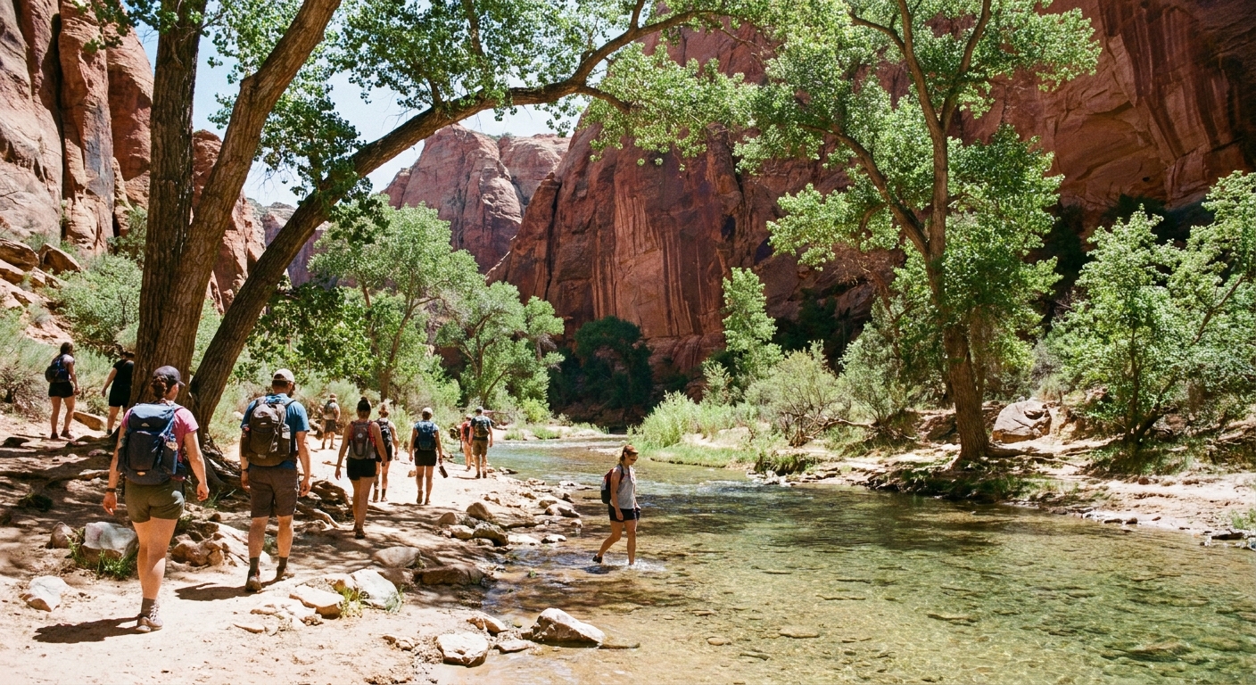 A real photograph of hikers walking beside a clear desert creek on the Lower Calf Creek Falls trail, with red sandstone walls and cottonwood trees providing shade, midday natural light