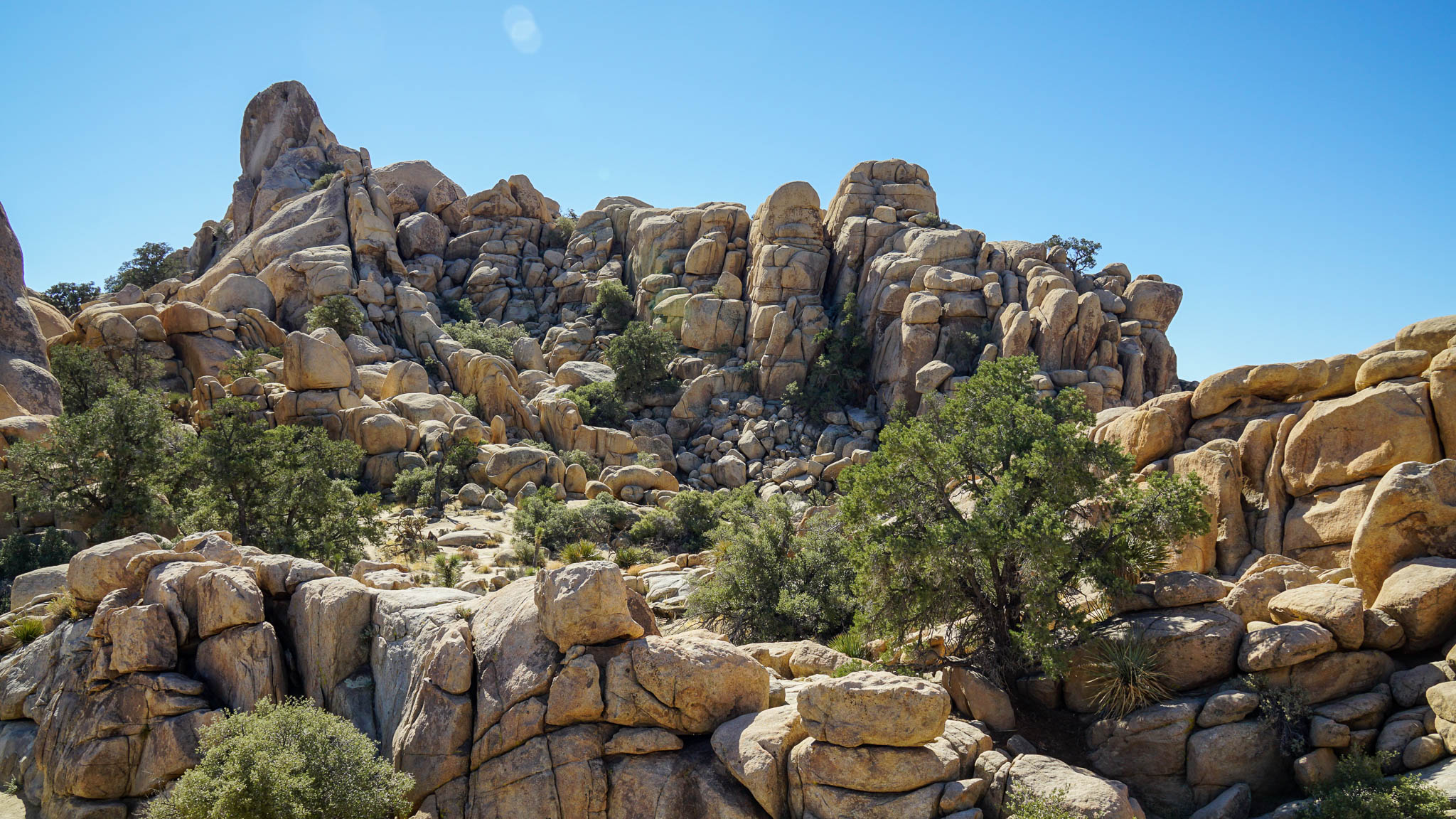 A real photograph of hikers walking between massive granite boulders on the Hidden Valley Trail in Joshua Tree National Park under a clear blue sky