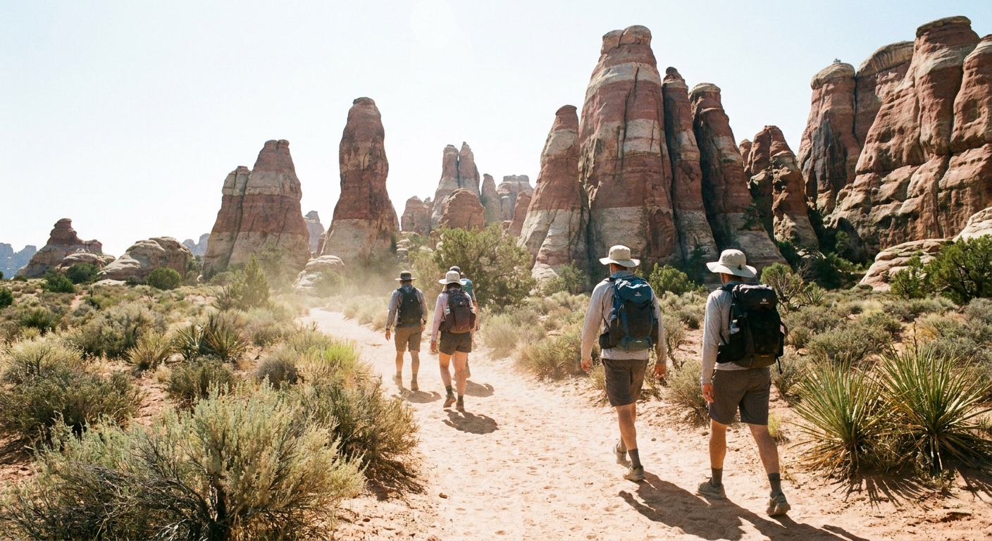 A real photograph of hikers walking on a sandy trail through Chesler Park in Canyonlands Needles District, with tall red-and-white striped sandstone needles rising behind them in bright midday light