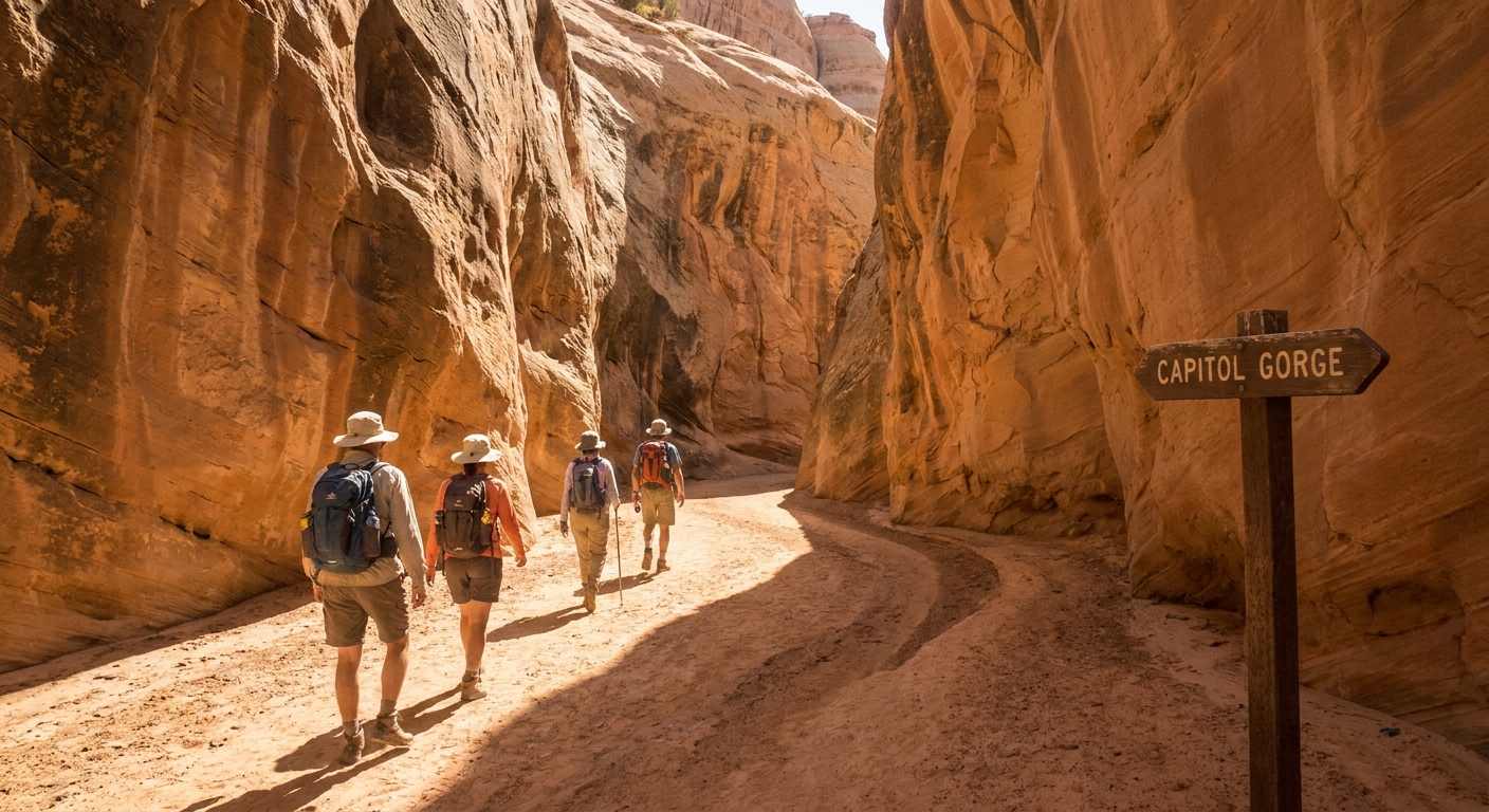 A real photograph of hikers walking on a sandy wash inside Capitol Gorge in Capitol Reef, with tall narrow canyon walls glowing orange and tan in late morning light