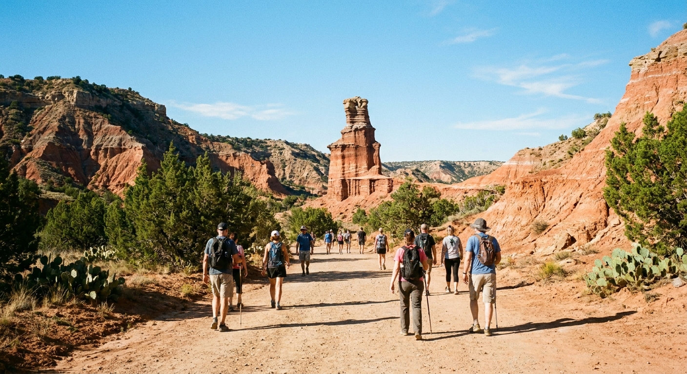 A real photograph of hikers walking on a wide dirt trail toward the Lighthouse rock formation in Palo Duro Canyon, red canyon walls and bright Panhandle sky in the background