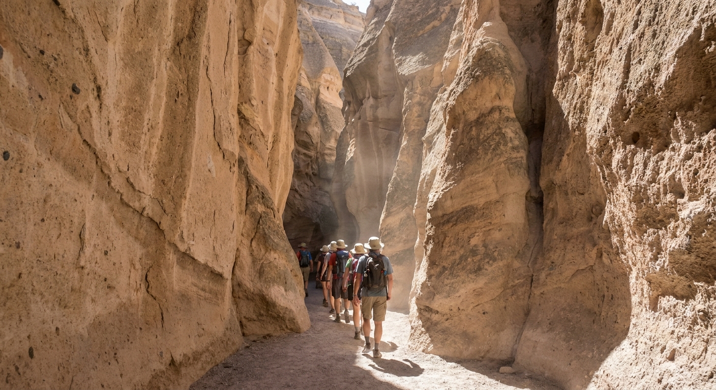 A real photograph of hikers walking through the narrow slot canyon at Kasha-Katuwe Tent Rocks in New Mexico, tan volcanic rock walls rising above them in bright morning light