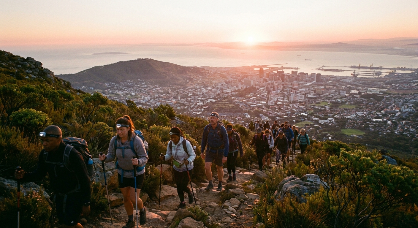 A real photograph of hikers walking up the Lion's Head trail at sunrise, with the sun casting warm light over Cape Town and the ocean visible in the distance, candid outdoor travel photography