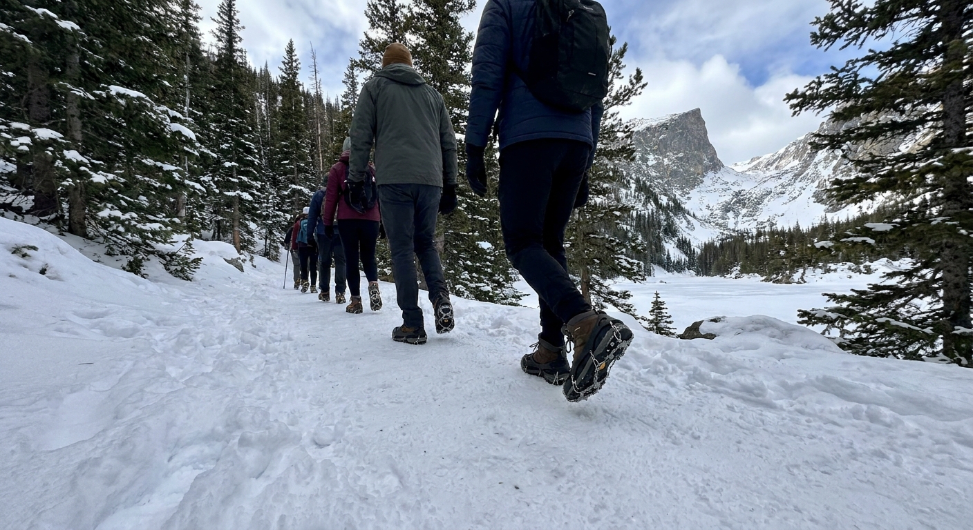 A real photograph of hikers wearing microspikes on an icy, packed-snow trail near Dream Lake in Rocky Mountain National Park with evergreen trees lining the path
