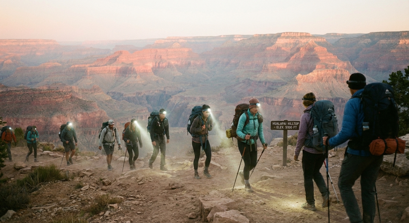 A real photograph of hikers with headlamps beginning the descent from Hualapai Hilltop at sunrise, with layered desert ridgelines and a pale orange sky in the distance
