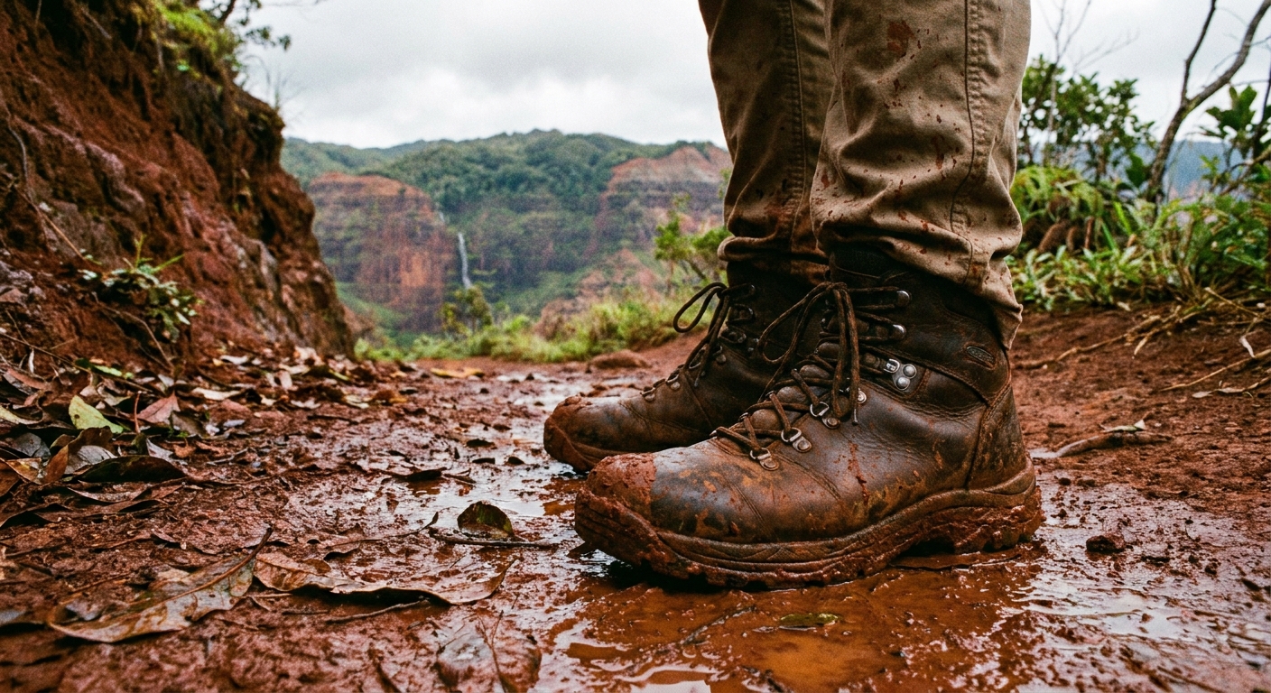 A real photograph of hiking boots coated in red clay mud on a narrow Waimea Canyon trail with wet leaves and slick soil