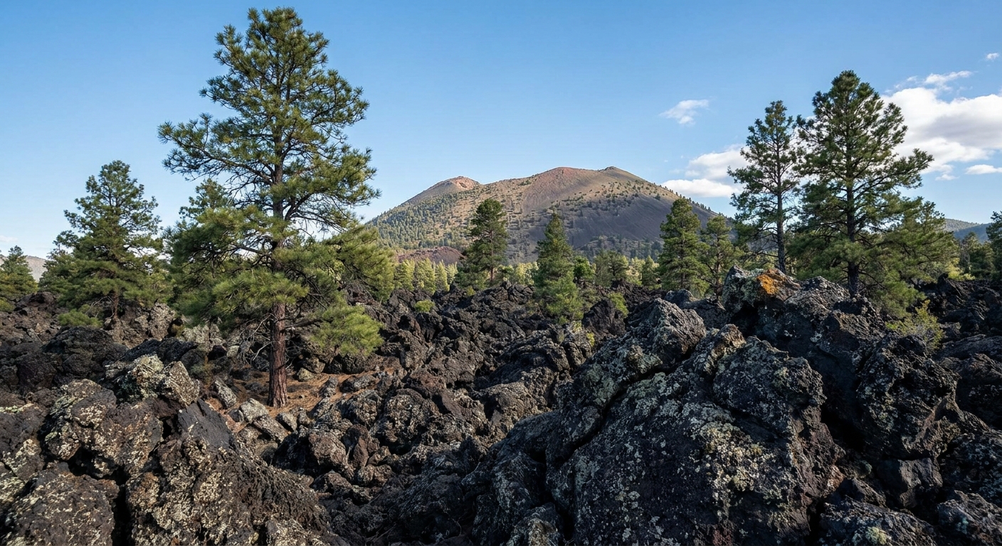 A real photograph of jagged black lava rocks from the Bonito Lava Flow with scattered ponderosa pines and a blue sky