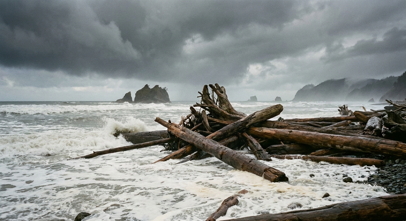 A real photograph of large driftwood logs scattered on Rialto Beach with foamy waves and a gray windy sky in the background