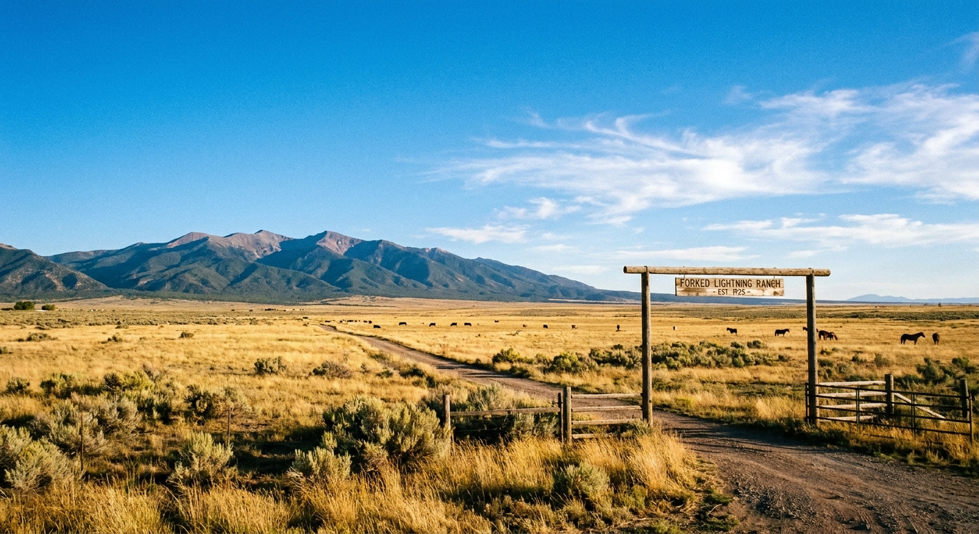 A real photograph of open New Mexico ranchland near Forked Lightning Ranch with golden grass, scattered shrubs, and mountains under a high, bright sky