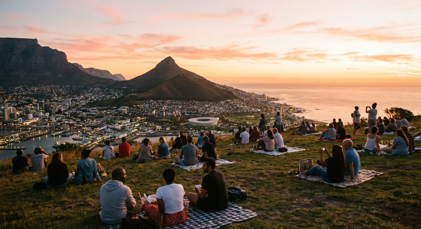 A real photograph of people sitting on a grassy slope on Signal Hill watching the sun set over the Atlantic Ocean, with Cape Town city lights beginning to glow below
