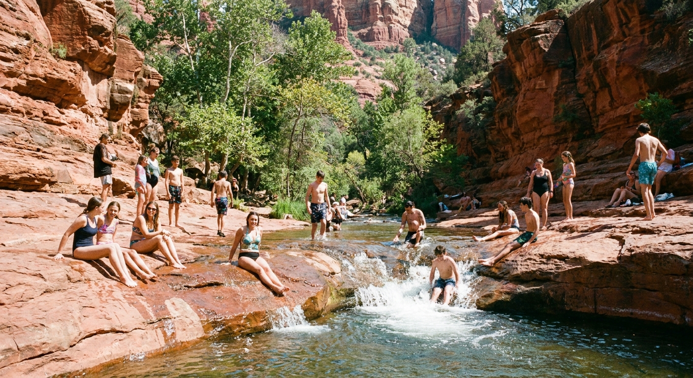 A real photograph of people wading and sitting on red sandstone ledges beside clear Oak Creek at Slide Rock State Park in Sedona, with trees and canyon walls in the background