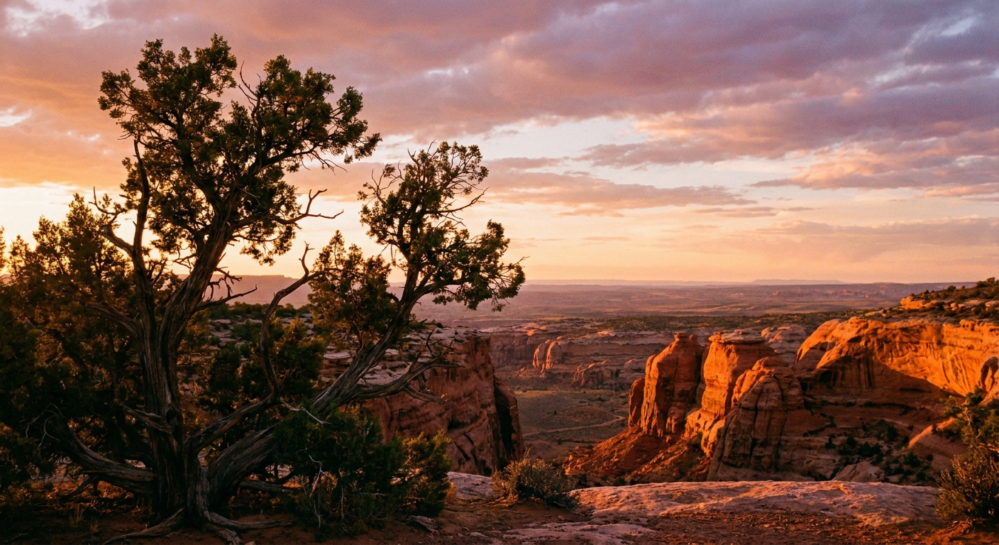 A real photograph of pinyon-juniper trees on the mesa rim at Natural Bridges National Monument at sunset, with warm light on sandstone and a wide desert horizon
