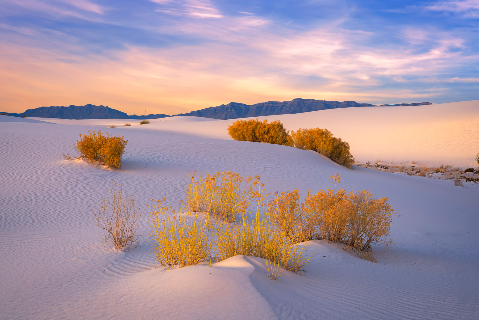 A real photograph of rolling white gypsum sand dunes at sunrise in White Sands National Park, New Mexico, with long shadows and a clear pastel sky