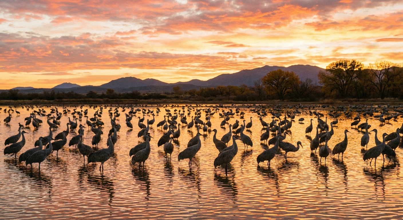 A real photograph of sandhill cranes standing in shallow water at Bosque del Apache National Wildlife Refuge with golden sunset light reflecting on the water