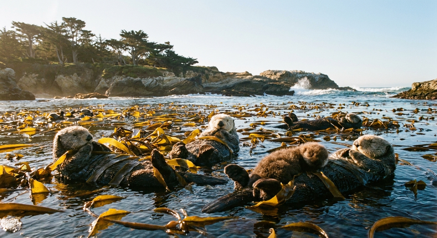 A real photograph of sea otters floating on their backs in a kelp bed near the rocky shoreline at Point Lobos in clear morning light