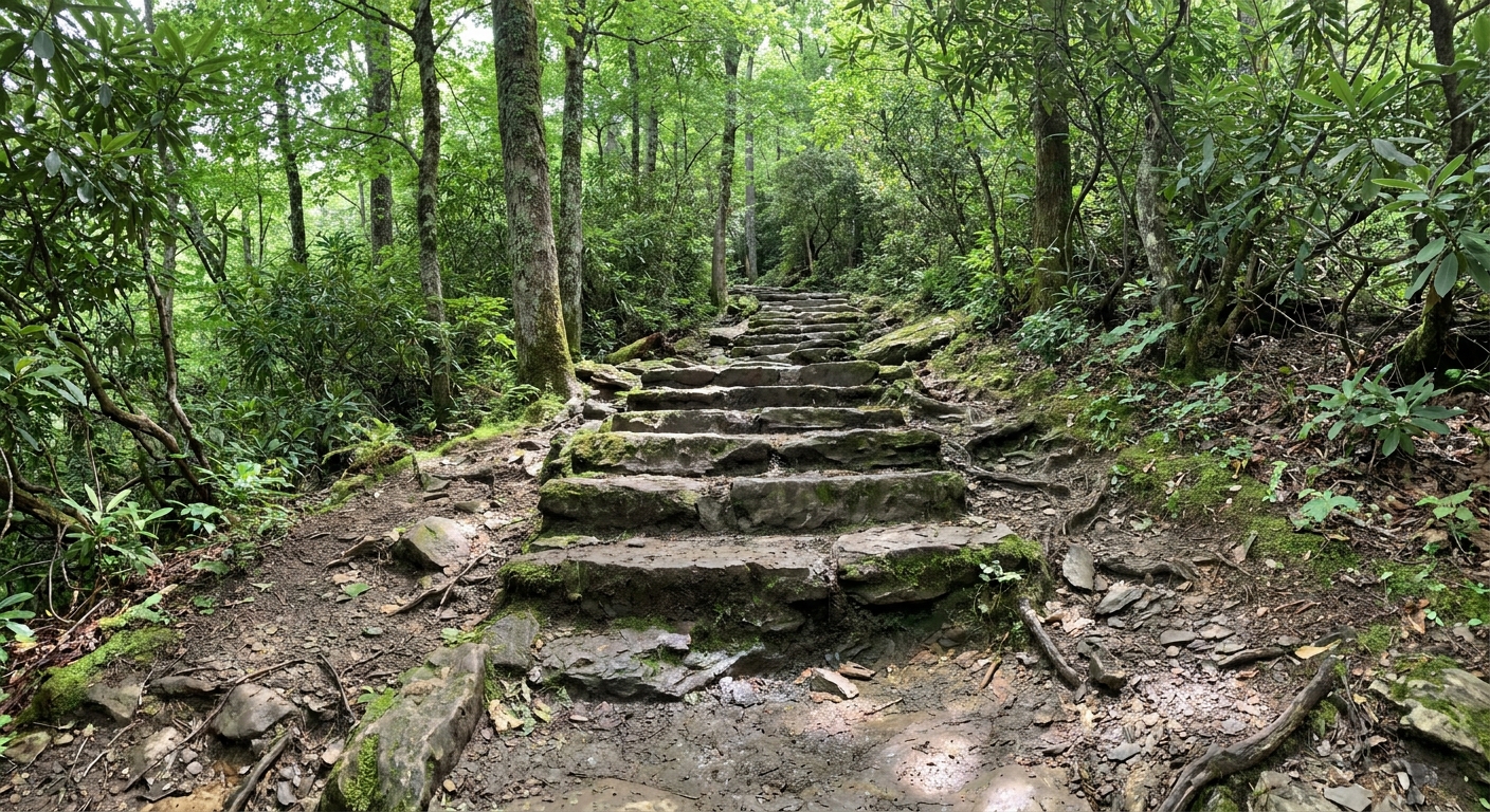 A real photograph of steep stone steps and rocky trail surface on Chimney Tops Trail in Great Smoky Mountains National Park, surrounded by dense green forest
