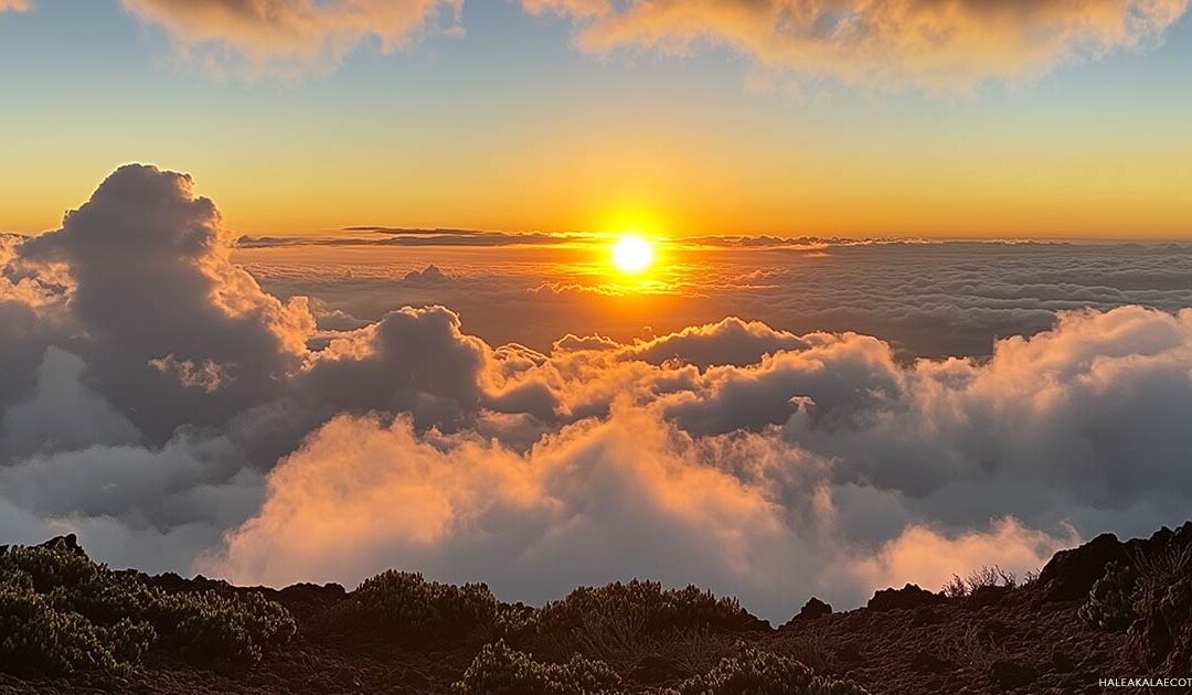 A real photograph of sunrise light breaking over the Haleakalā summit on Maui, with silhouettes of visitors in winter jackets near the viewing area and a sea of clouds below