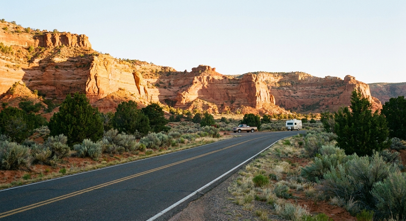 A real photograph of sunrise light hitting red cliffs along US Highway 89 near Kanab, Utah, with a quiet two-lane road curving into the desert