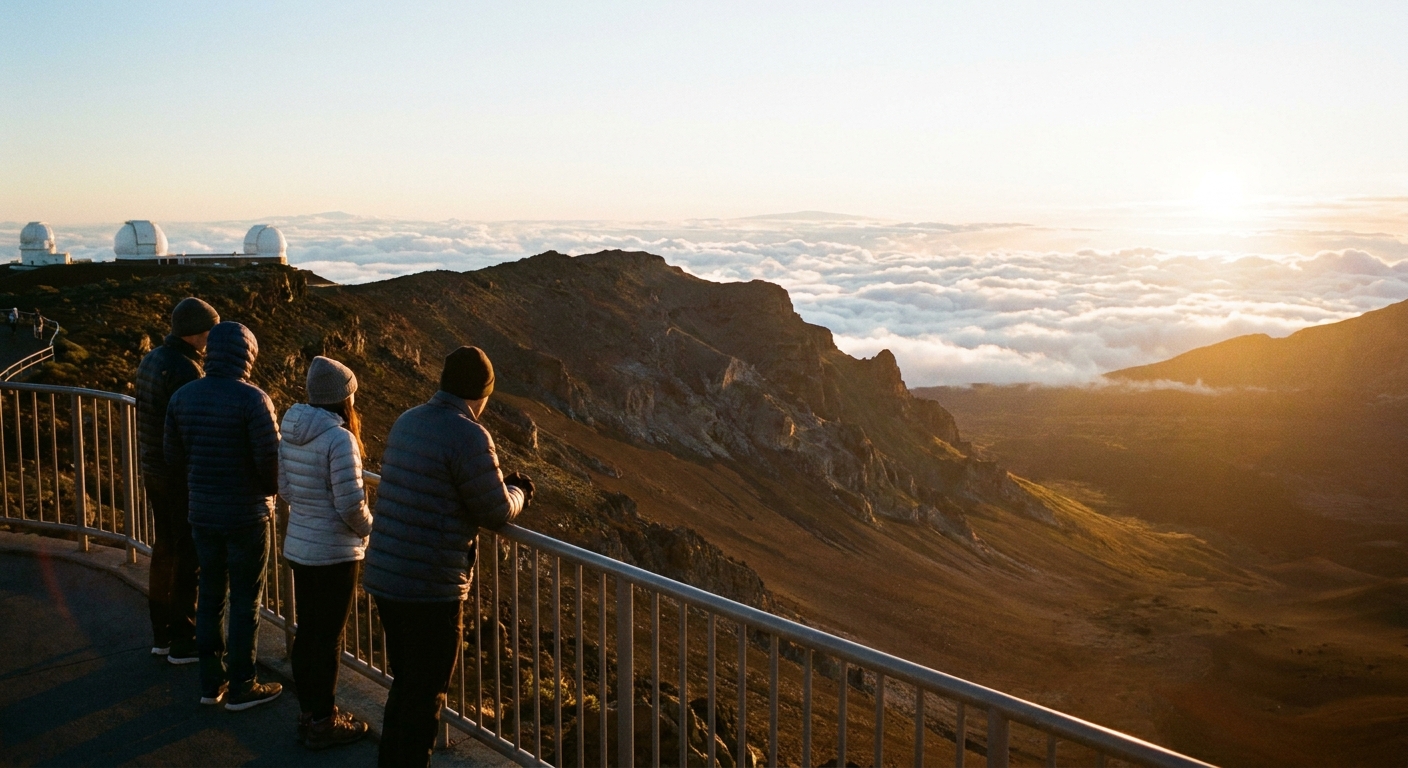 A real photograph of sunrise light spilling over the Haleakalā summit above a sea of clouds in Maui, with a few bundled visitors standing quietly near the viewpoint railing
