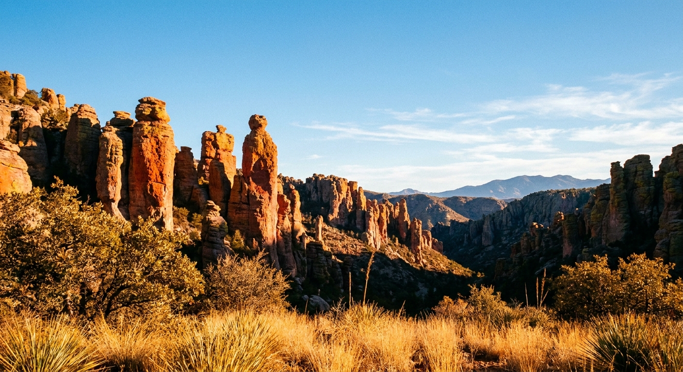 A real photograph of tall hoodoo rock spires at Chiricahua National Monument lit by warm late-afternoon sunlight, with desert grasses and blue sky in the background