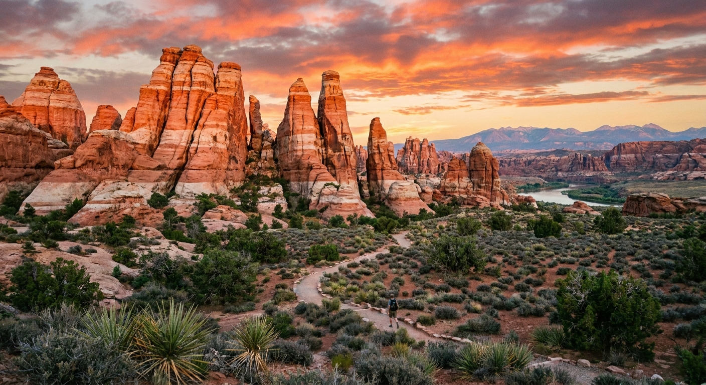 A real photograph of tall red and white sandstone spires in the Needles District at sunset, with a hiking trail and low desert shrubs in the foreground