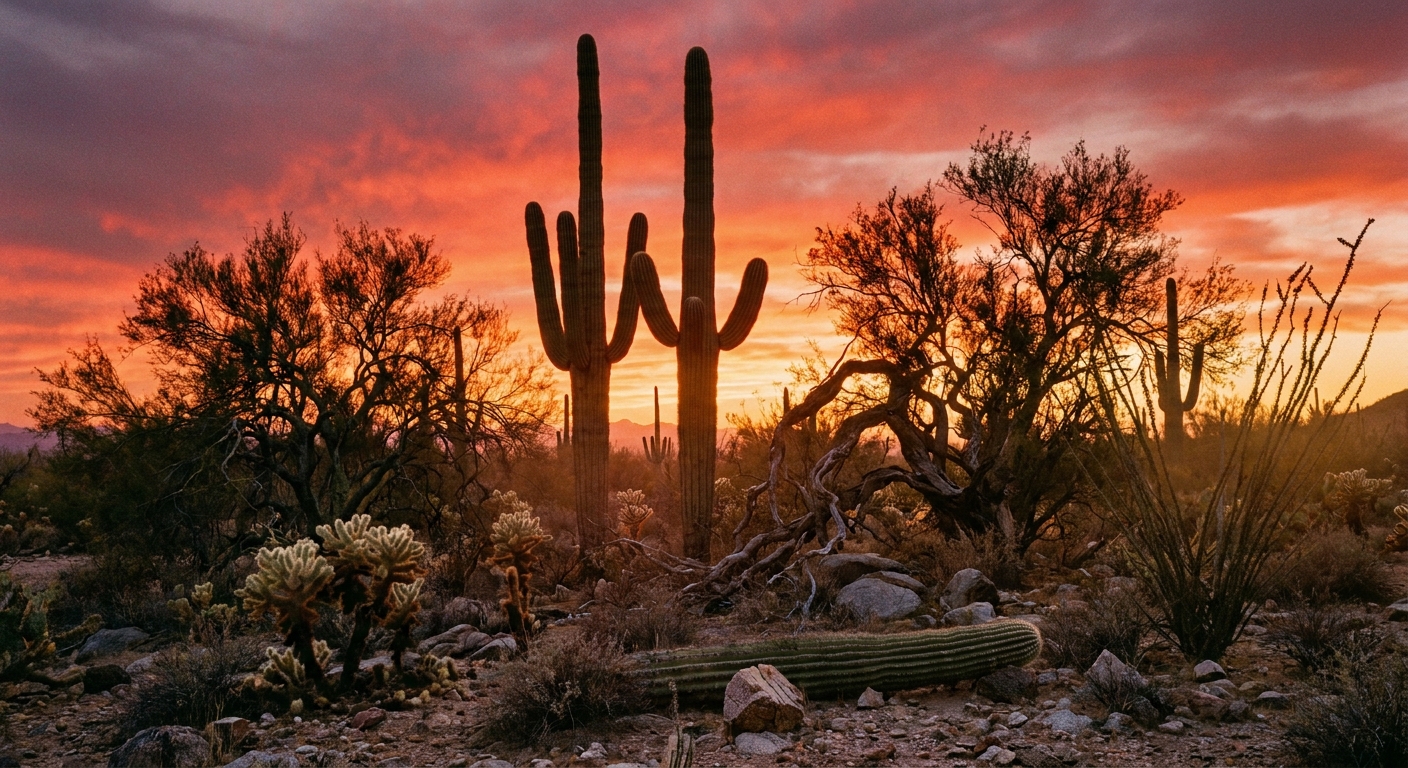 A real photograph of tall saguaro cacti and ironwood trees silhouetted against a warm sunset sky in Ironwood Forest National Monument, with rocky desert ground in the foreground