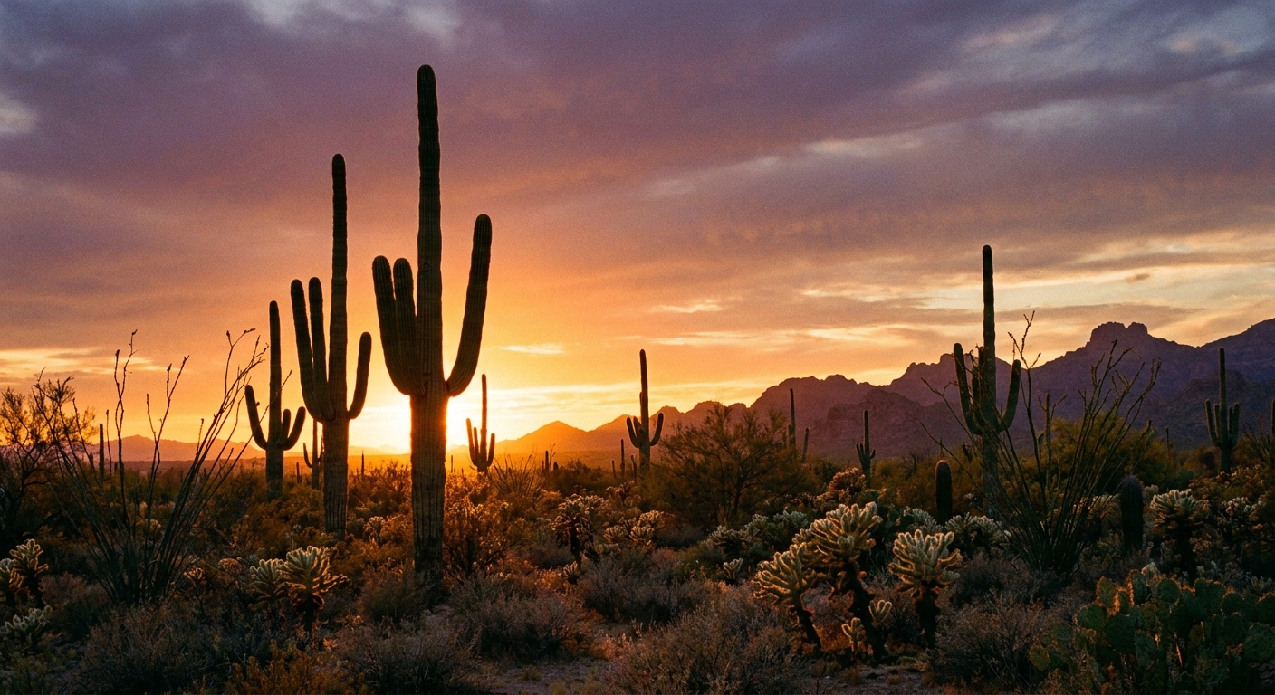 A real photograph of tall saguaro cacti silhouetted against a golden sunset sky in Saguaro National Park near Tucson, with low desert shrubs in the foreground