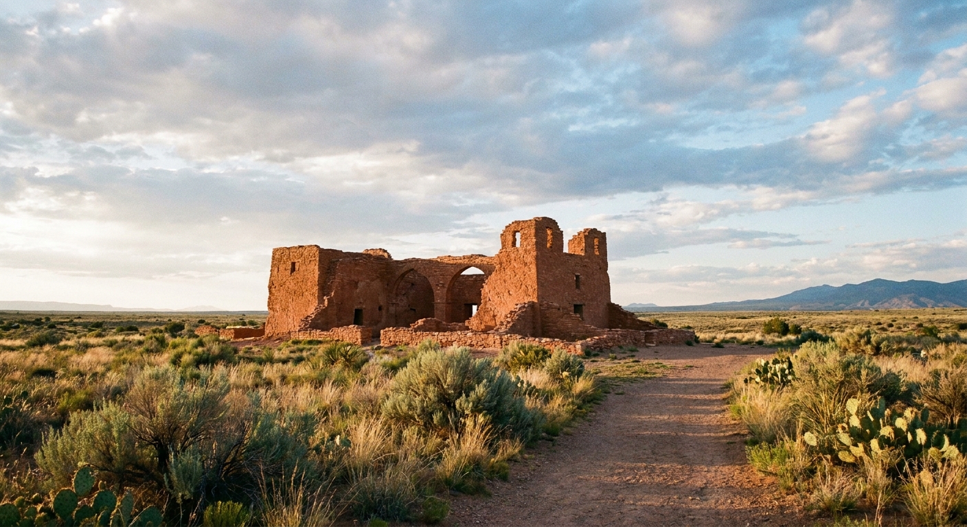 A real photograph of the Abó mission ruins with reddish stone walls standing in an open desert setting under a wide sky