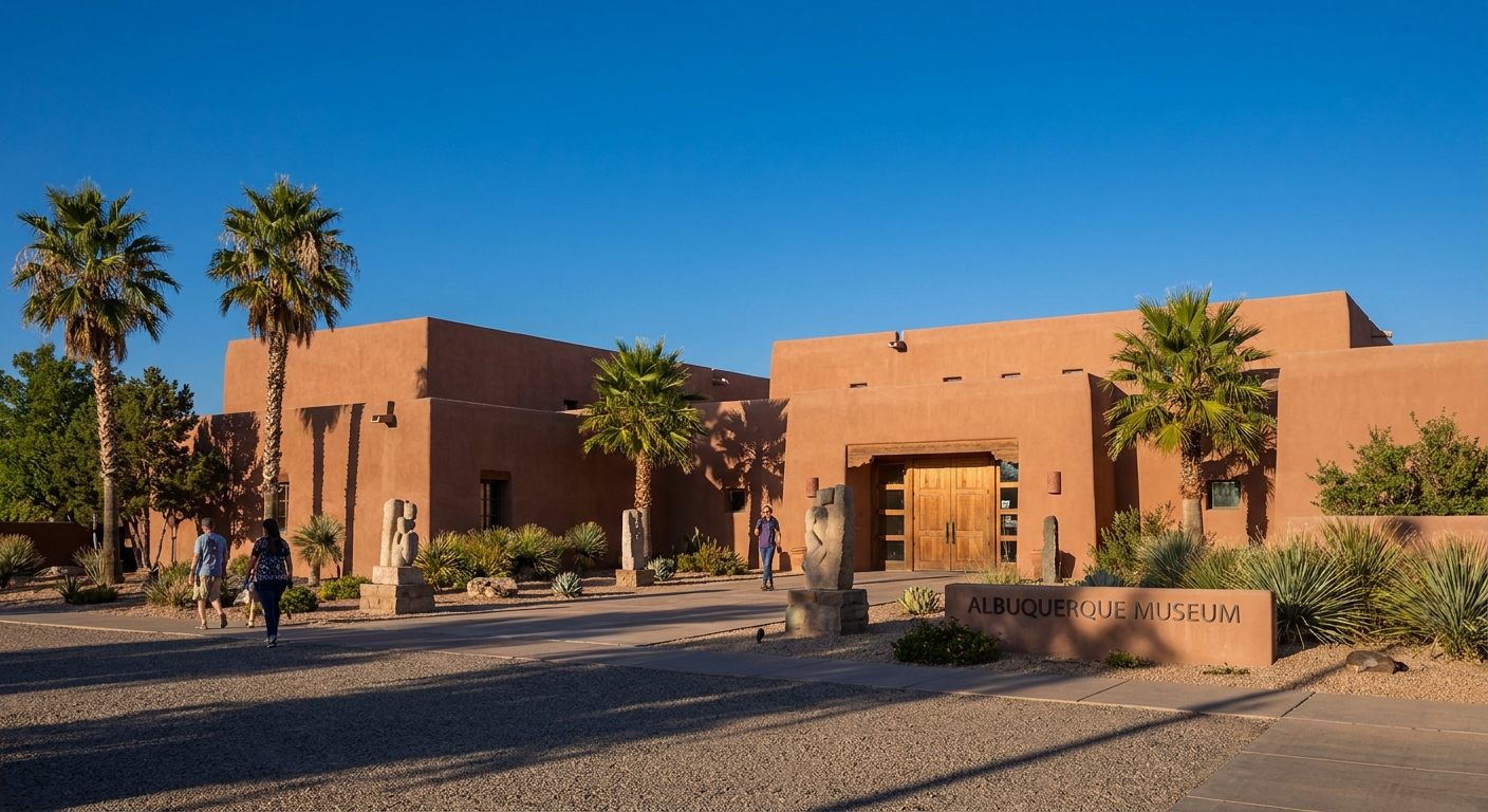 A real photograph of the Albuquerque Museum exterior near Old Town with adobe inspired architecture and a clear sky
