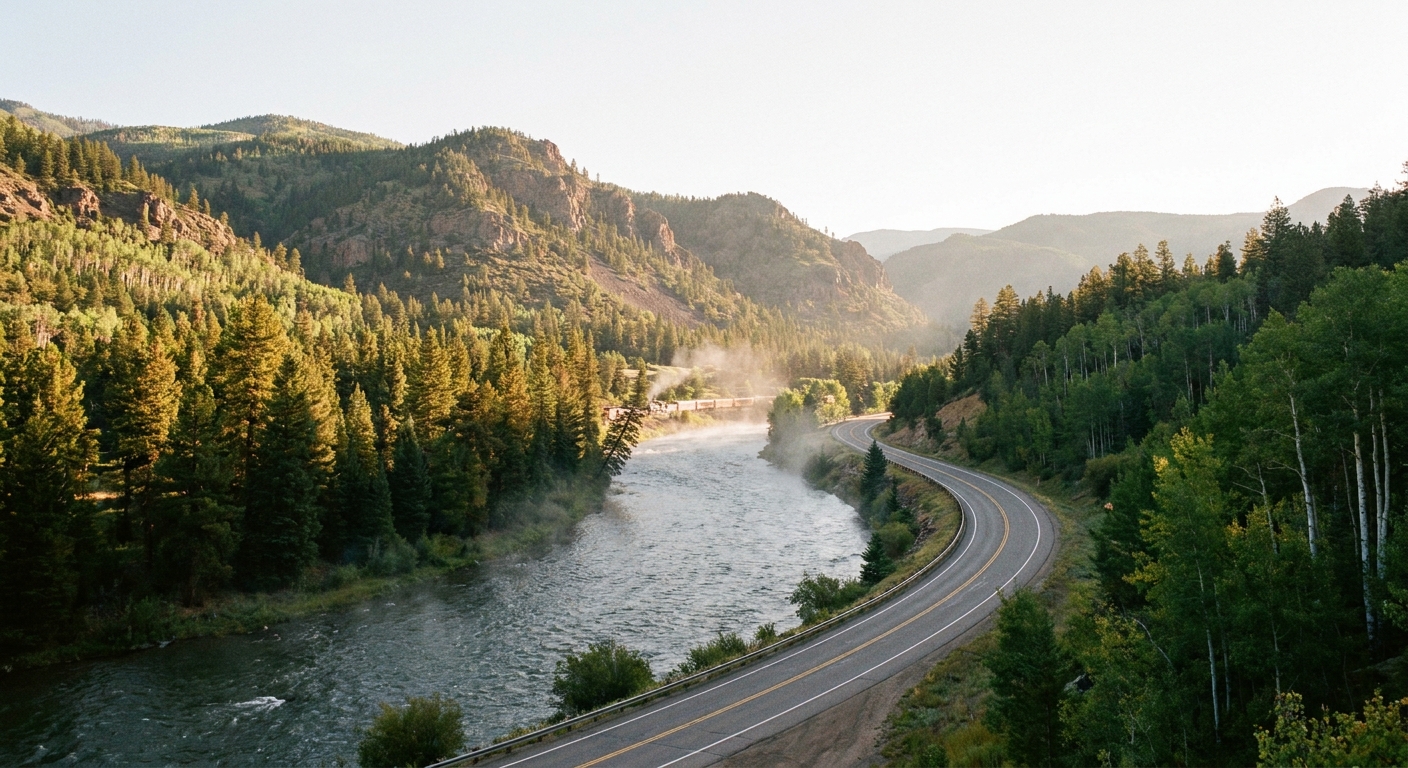 A real photograph of the Animas River running beside US 550 with evergreen forest and foothills under soft morning light