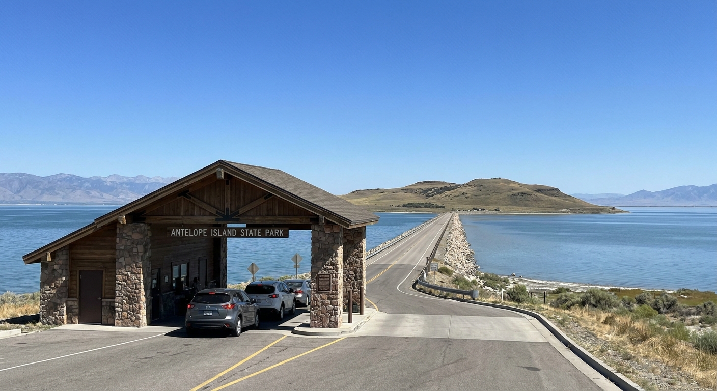 A real photograph of the Antelope Island State Park entrance station on a clear day, with the causeway road continuing toward the island