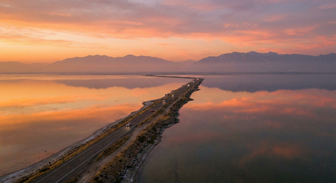 A real photograph of the Antelope Island causeway stretching across the Great Salt Lake at sunset, with reflective water on both sides and hazy mountains in the distance