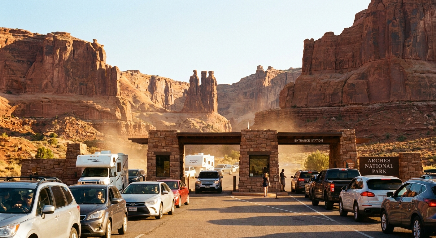 A real photograph of the Arches National Park entrance station with several cars queued in morning light and red rock cliffs in the background